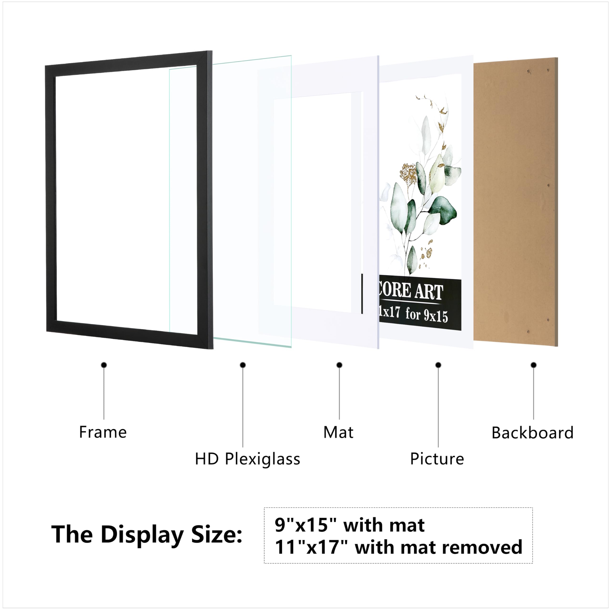 CORE ART 11x17 Picture Frame Set of 4, Display Pictures 9x15 with Mat or 11 x 17 without Mat, Multi Photo Frames Collage for Wal